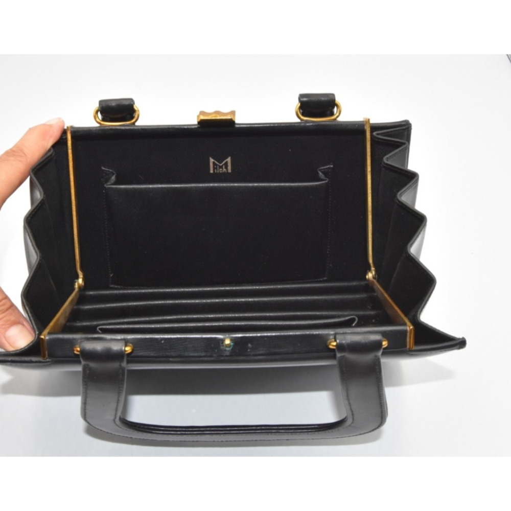 1950s Golden Age Classic Black Leather Accordion Handbag By Frank Milch View 5